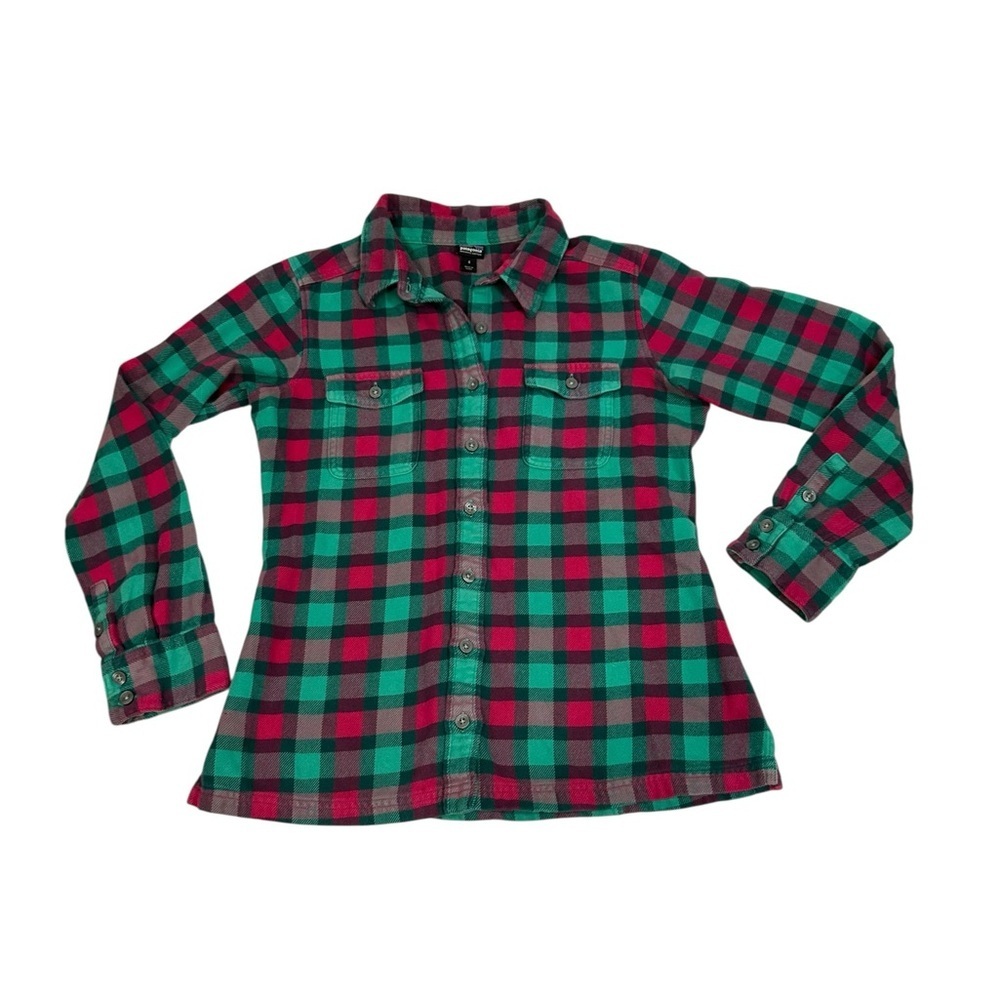 Patagonia Green & Pink Plaid Fjord Flannel Button Down Shirt Sz 4 Organic Cotton